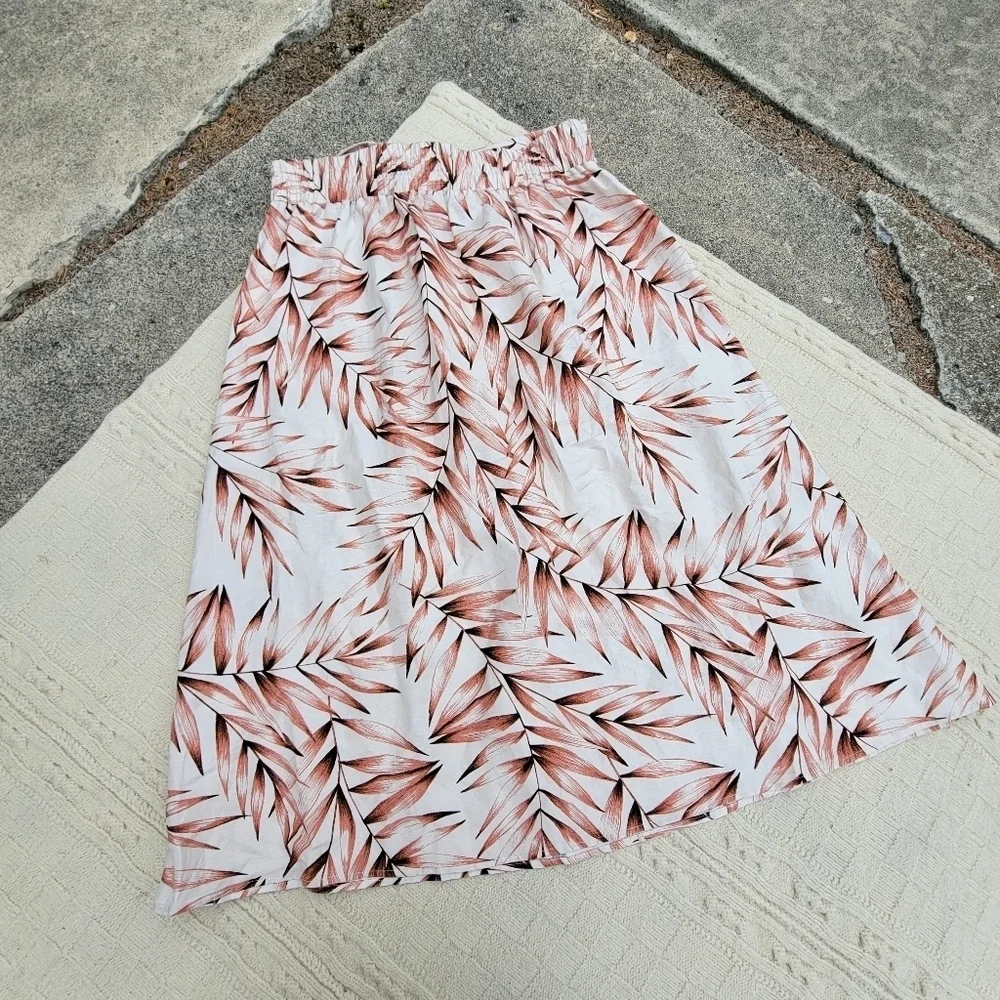 Ann Taylor Tie-Waist Linen Blend Midi Skirt Palm Leaf Print size L Maroon Ivory